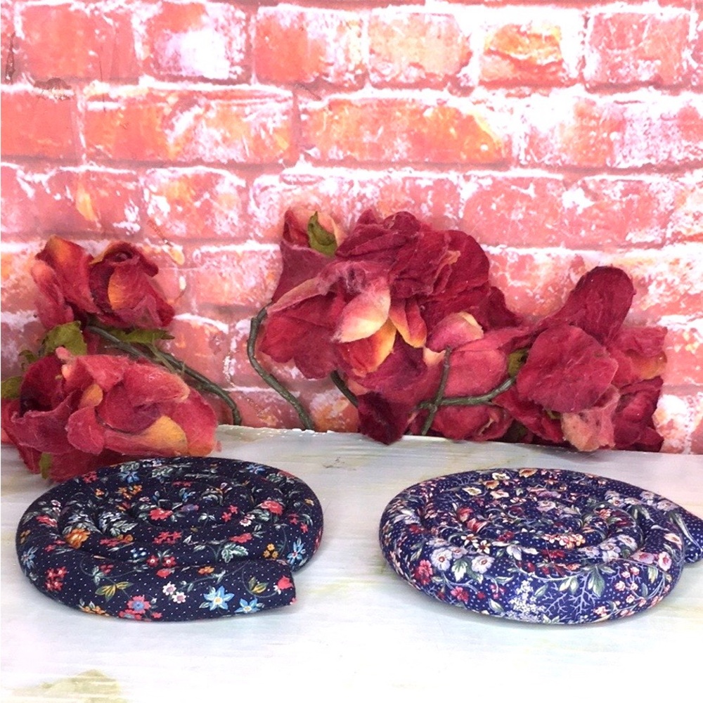Vintage 5" Weighted Floral Navy and Pink Coiled Trivets
